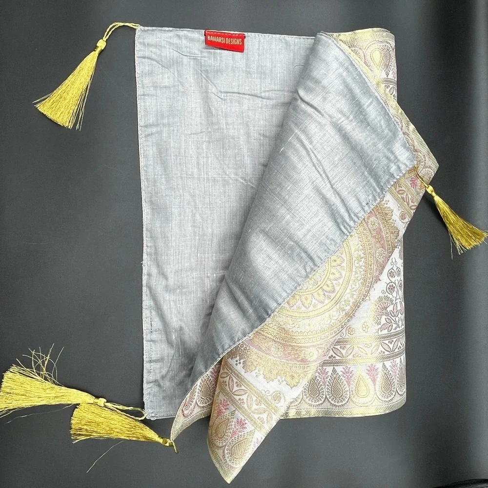 Banarsi Designs Gold Grey Mandala Brocade Silk Table Runner Tassels New 16